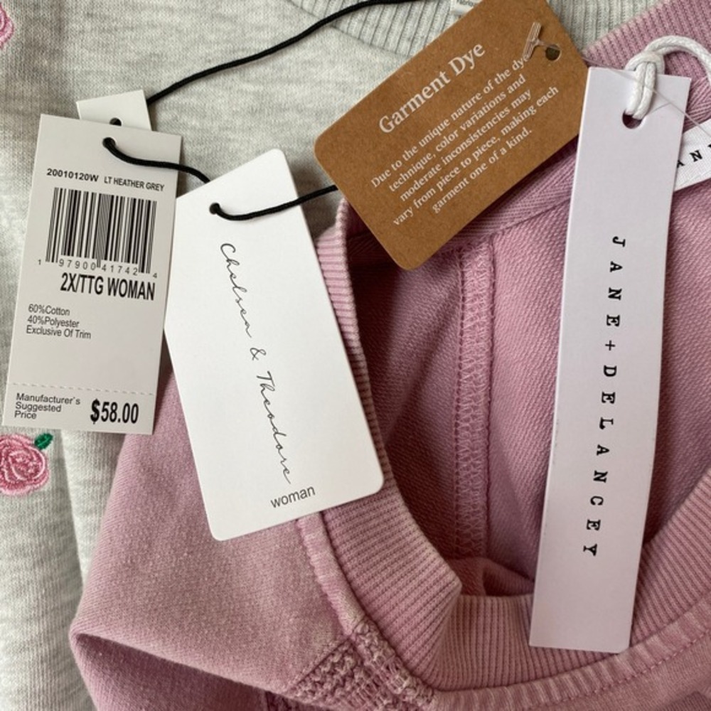 Set of 2 Embroidered Puff Sleeve Knit Tops Women 2X Heather Gray Pink Rose NWT - Picture 4 of 9